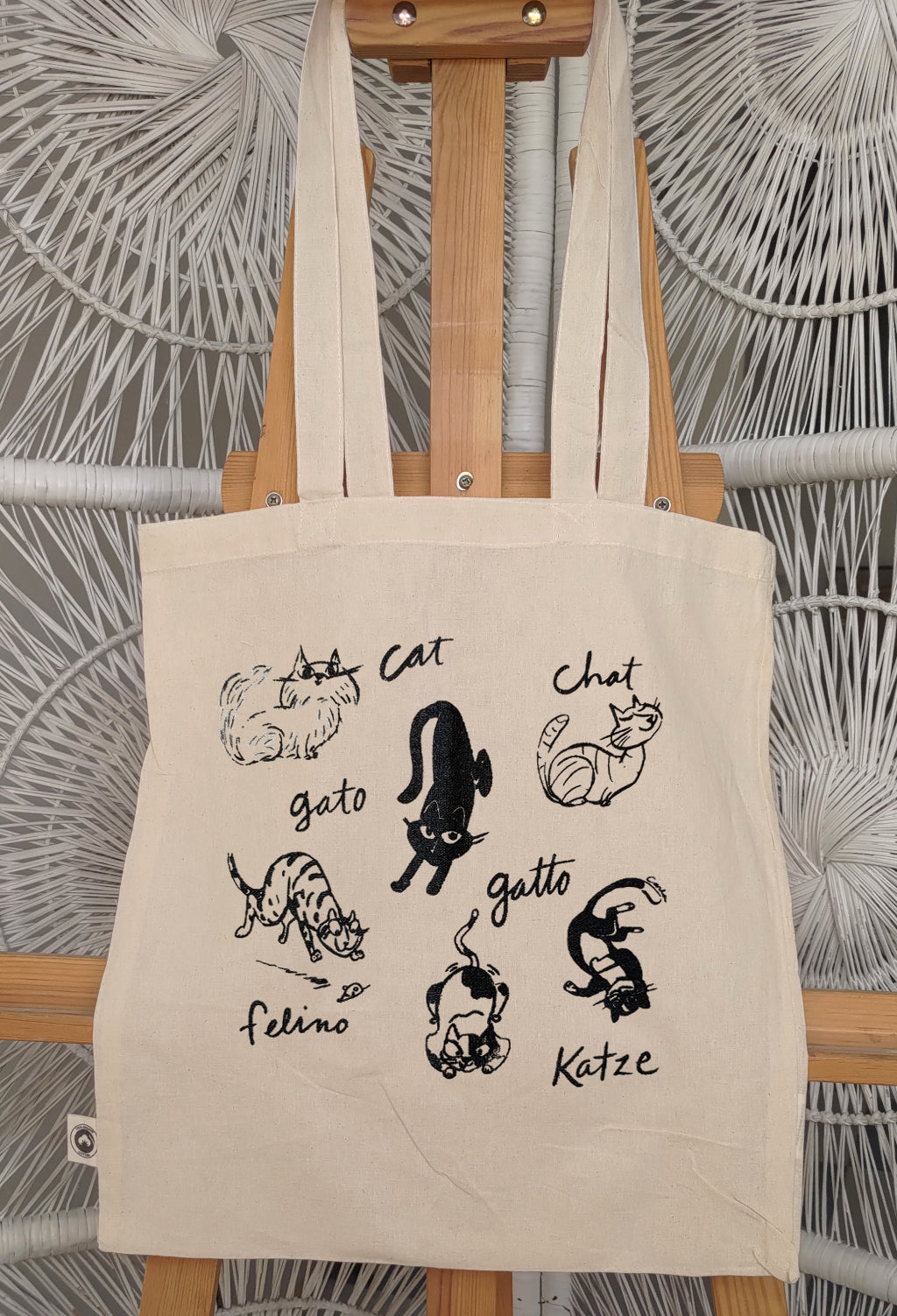 Cats breeds of the World Persian Calico Tabby Tuxedo, Bengal, Long haired handmade on organic tote bag by Carla Ventresca Miller Art