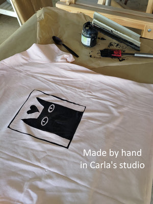 Black kitty cat handmade screen printed t-shirt by Carla Ventresca Carla Miller Art