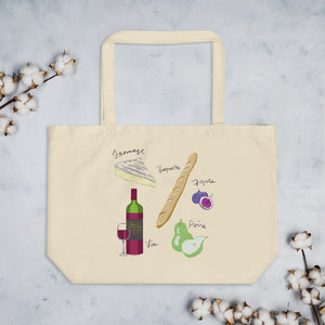 French food ingredients organic tote bag brie fromage baguette figs pear wine