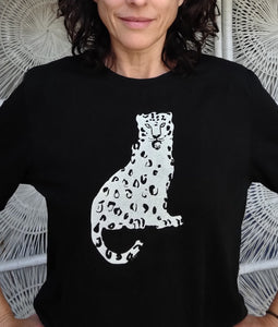 White Snow Leopard handmade on black t-shirt Carla Ventresca Miller Art