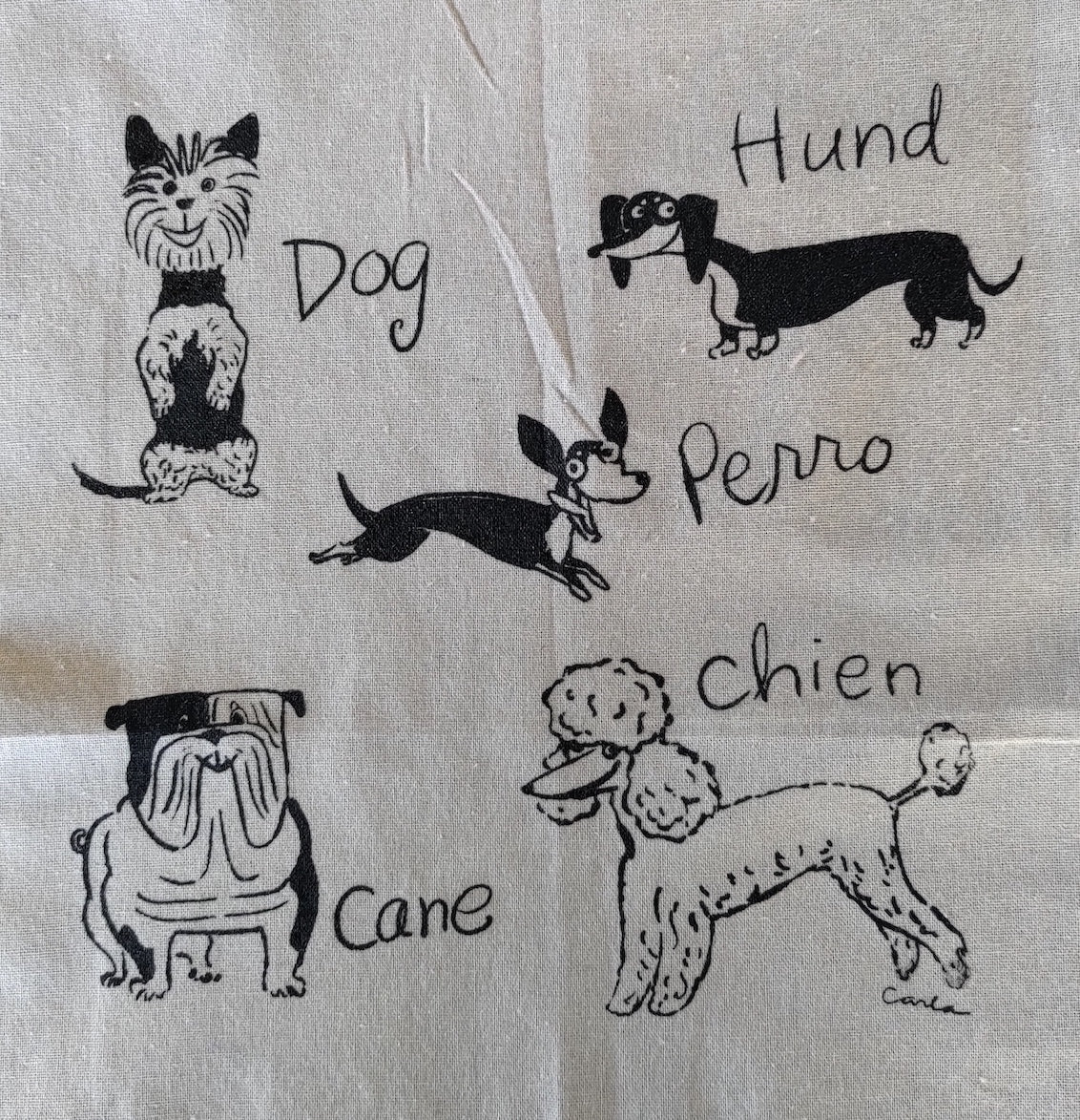Dogs of the world Yorkshire Terrier, Dachshund, Chihuahua, Bulldog, Standard Poodle hund perro chien cane tea towel gift Carla Ventresca Carla Miller Art
