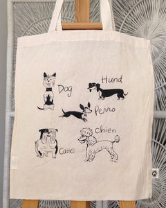 Dogs of the world Yorkshire Terrier, Dachshund, Chihuahua, Bulldog, Standard Poodle hund perro chien cane shopping tote gift Carla Ventresca Carla Miller Art
