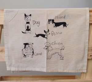 Dogs of the world Yorkshire Terrier, Dachshund, Chihuahua, Bulldog, Standard Poodle hund perro chien cane tea towel gift Carla Ventresca Carla Miller Art