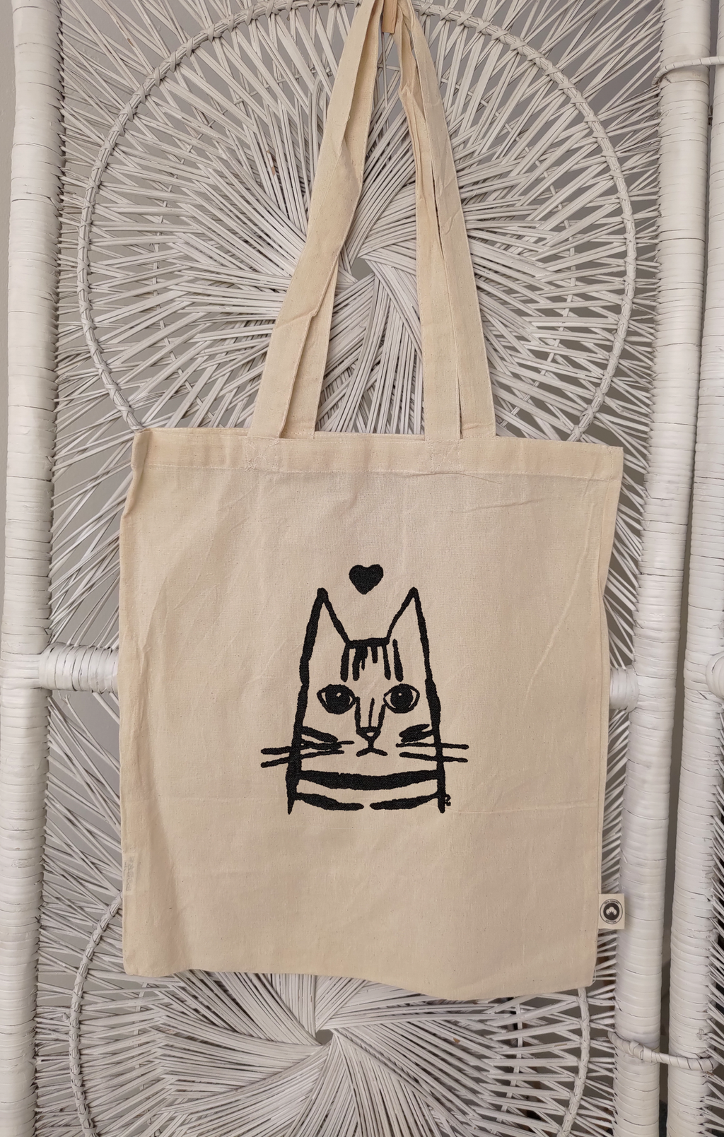 Handmade Tabby Kitty Love on Organic Cotton Tote Bag
