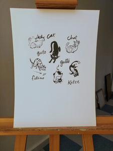 Carla's handprinted Cats of the world: Bengal Brown Tabby, Persian Longhair, Black, Tuxedo, Calico, Angora, American Shorthair, Ragdoll cat written in English, French, Italian, Portuguese and German printed by hand on museum quality archival paper Carla Ventresca Carla Miller Art