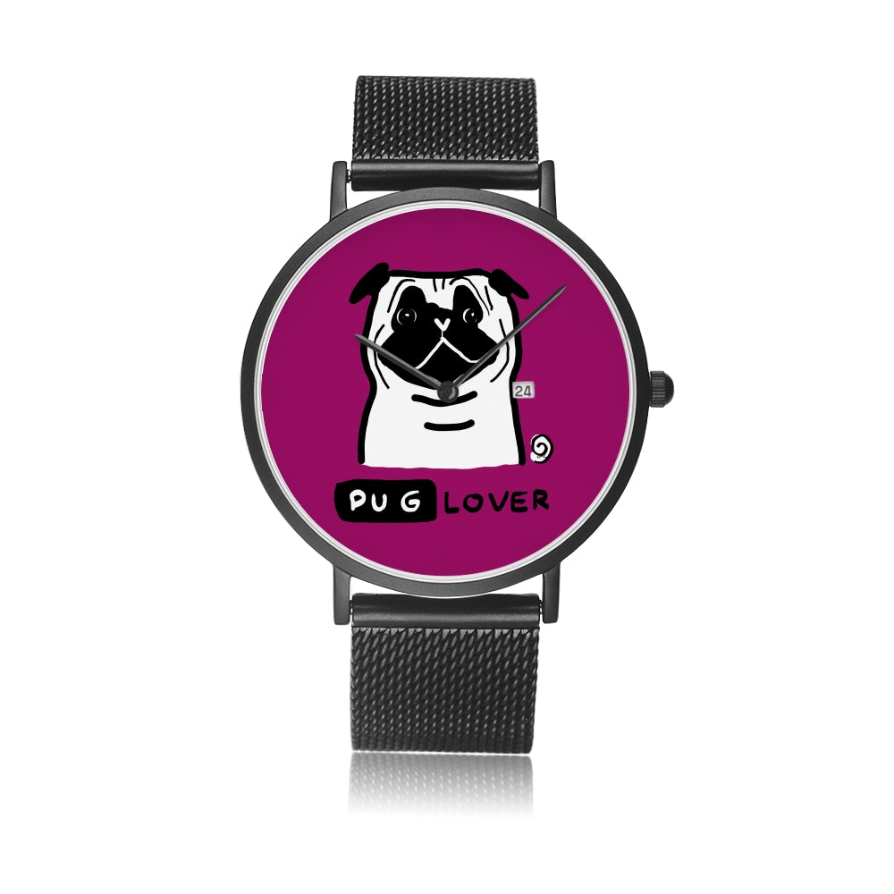 Pug Lover Stainless Steel Quartz Watch with Stainless Steel Wristband