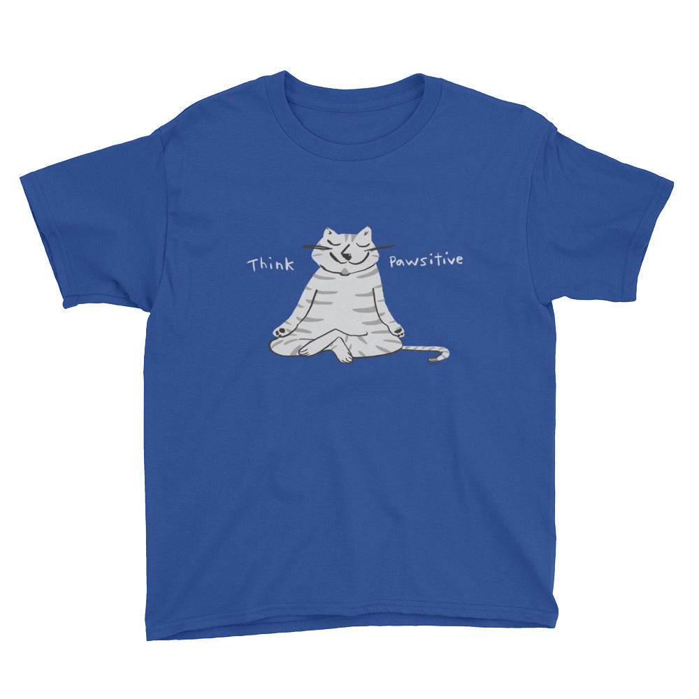 Gray cat meditating Think Pawsitive kids t-shirt