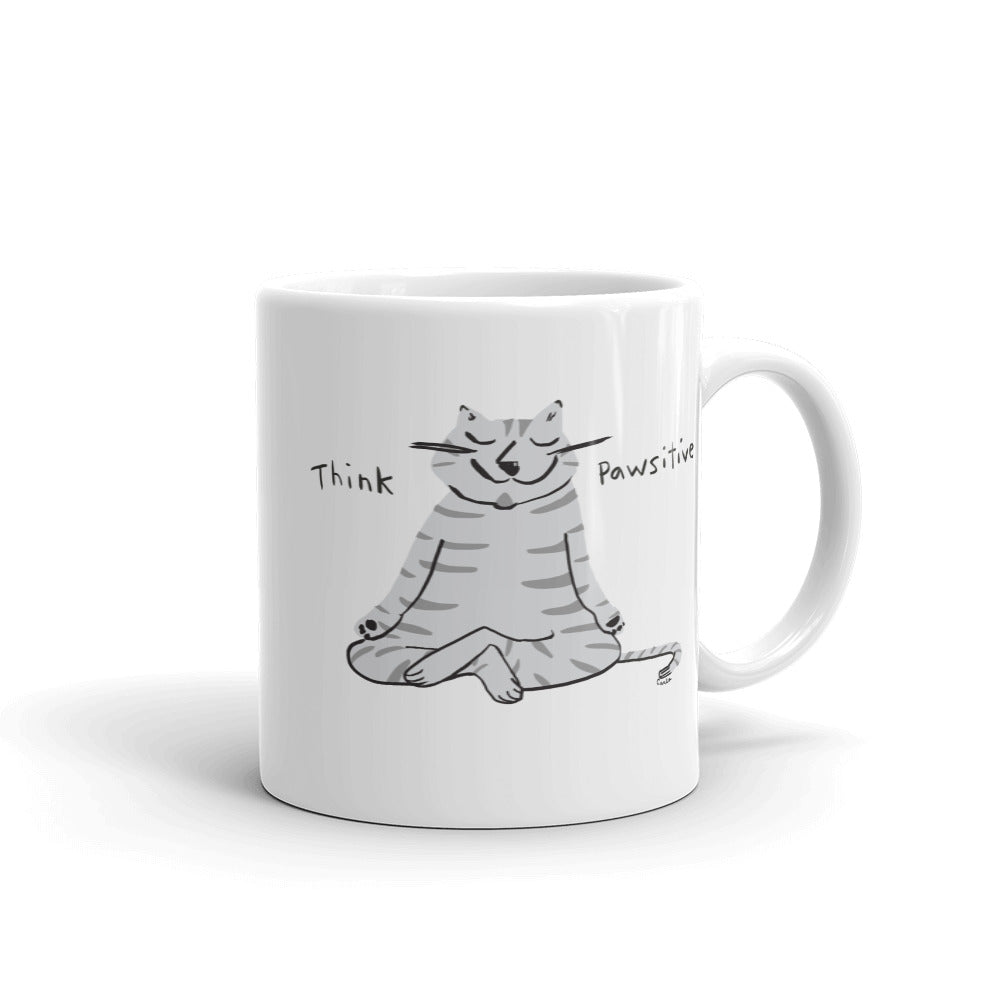 Think Pawsitive gray cat meditating coffee tea mug