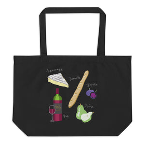 French food ingredients organic tote bag brie fromage baguette figs pear wine