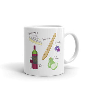 French food ingredients mug brie fromage baguette figs pear wine