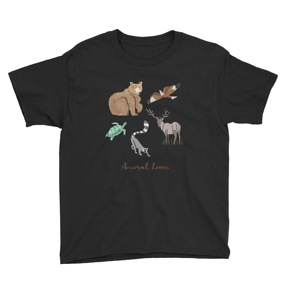 Animal Lover Bear Lemur Deer Elk Hawk Turtle boys and girls black t-shirt