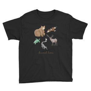 Animal Lover Bear Lemur Deer Elk Hawk Turtle boys and girls black t-shirt