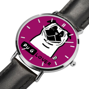 Pug Lover Stainless Steel Watch with Leather Strap